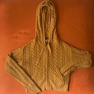 American Eagle Cropped Cable Knit Zip-Up Sweater with Hoodie (XXS)